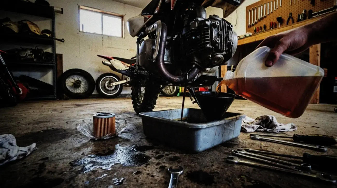 A worn pitbike engine being maintained in a small home garage, close-up shot of an open oil drain with fresh oil being poured from a plastic container next to an unwrapped oil filter. Various tools scattered around including wrenches and screwdrivers on a concrete floor with light oil stains. Natural indoor lighting from a small window, creating realistic shadows across the mechanical parts. The workspace appears lived-in with a few dirt bike parts visible in the background, giving the impression of a weekend maintenance session by an enthusiast.