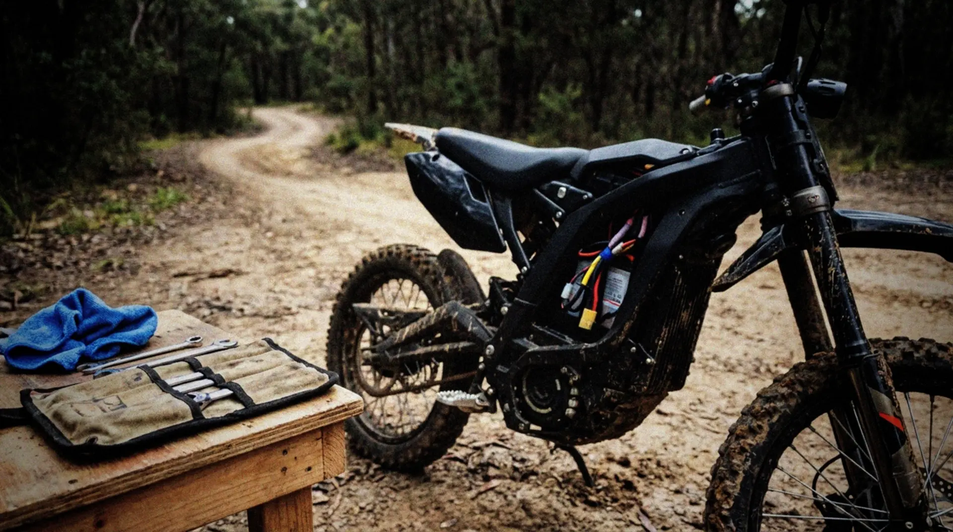 A dusty electric pitbike parked on the edge of a dirt track trail, with its side panel opened revealing battery components. A simple toolkit and microfiber cloth sit nearby on a small workbench. The pitbike's tires show signs of recent use with mud splatter on the frame. Natural daylight illuminates the scene through scattered clouds, creating a casual everyday atmosphere. The background shows a wooded area with a visible dirt track stretching into the distance.