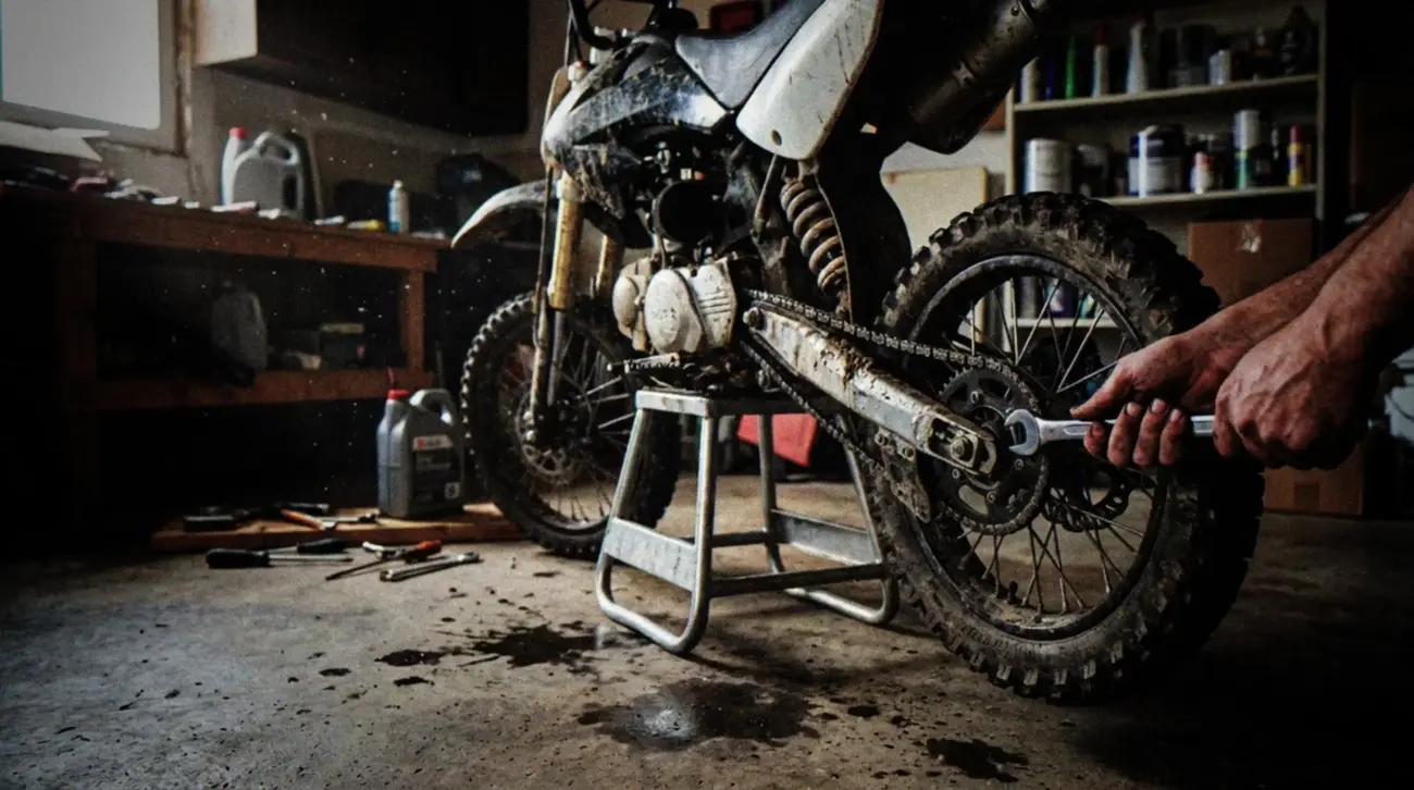 A small, dusty pit bike motorcycle propped on its stand in a home garage setting, with basic tools scattered on a workbench nearby. A mechanic's hands visible from the side as they check the chain tension. Natural indoor lighting shows specks of dust in the air. The workspace appears lived-in with some oil stains on the concrete floor, a few wrenches, screwdrivers and an oil container visible. The bike is slightly muddy from recent use, with dirt visible on the tires and undercarriage. A simple garage backdrop with typical household items on shelves in the soft-focus background.